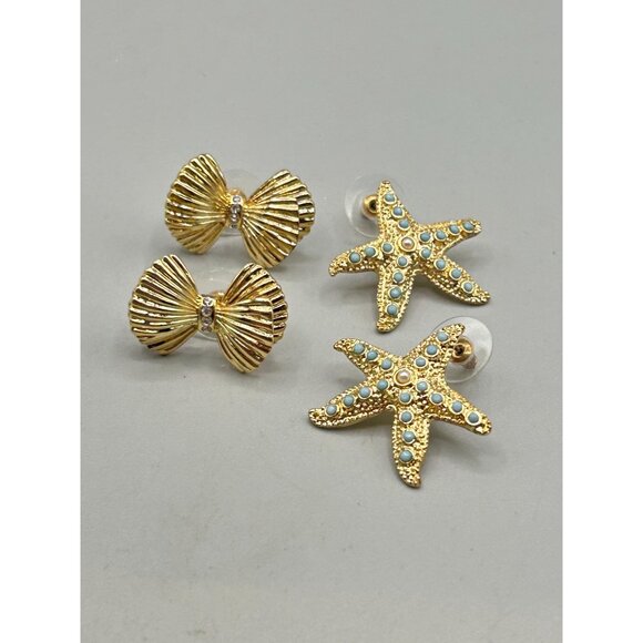 Signed Lilly Pulitzer Earrings Gold Bow & Starfish Studs Designer Signed Jewelry - Picture 4 of 9